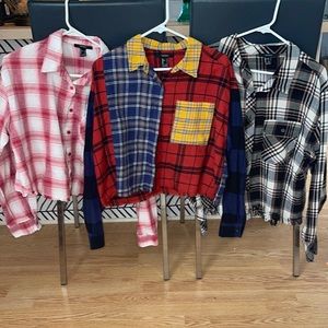 Set of 3 Forever 21 button down Flannel Crop LS tops raw hem